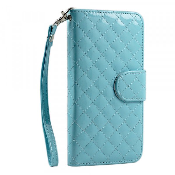 Wholesale Samsung Galaxy Note 4 Glossy Quilted Flip Leather Wallet Case w Stand and Strap (Blue)